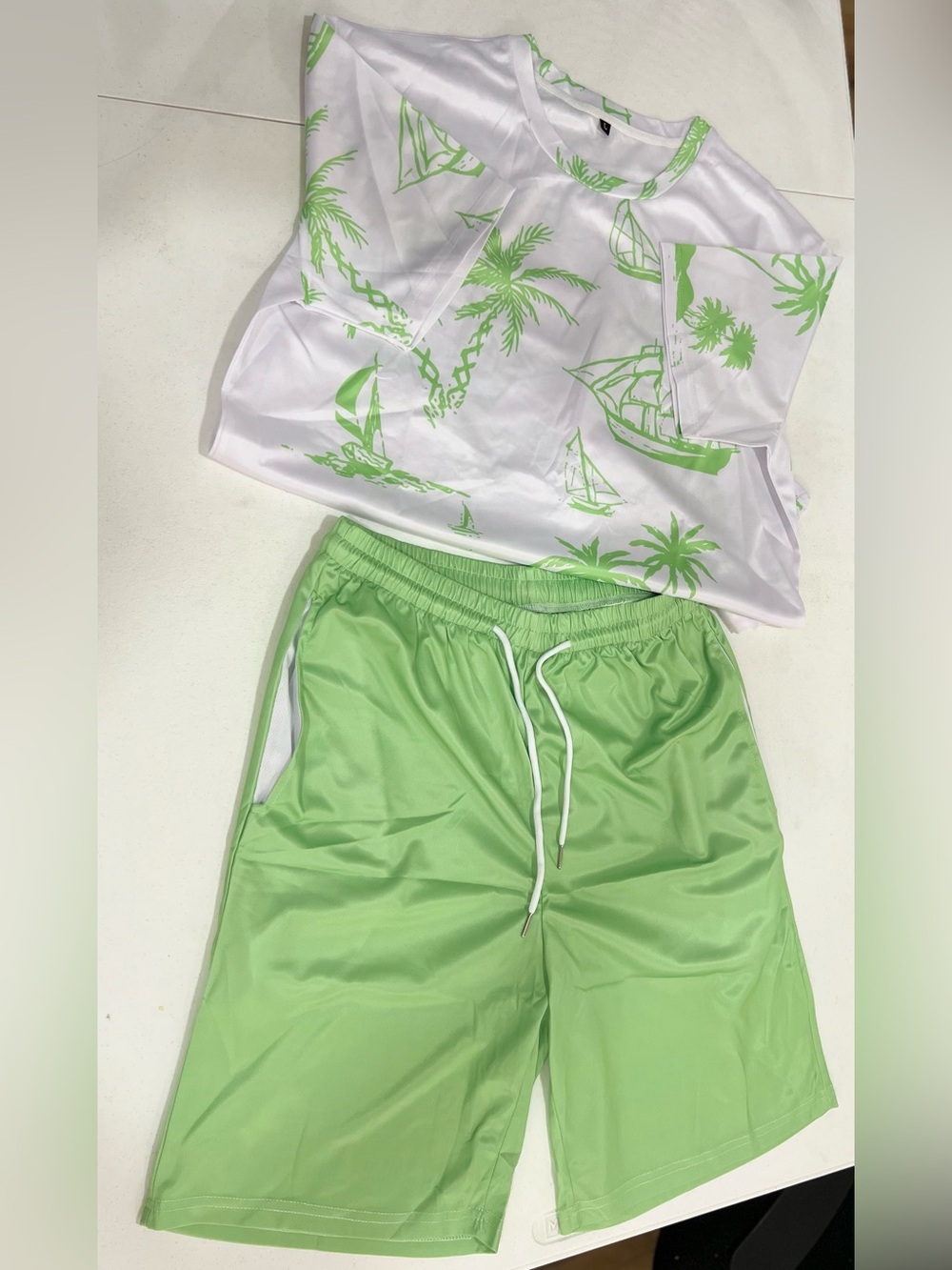 Men's Light Green Swim Shorts and White Graphic Rash Guard Set
